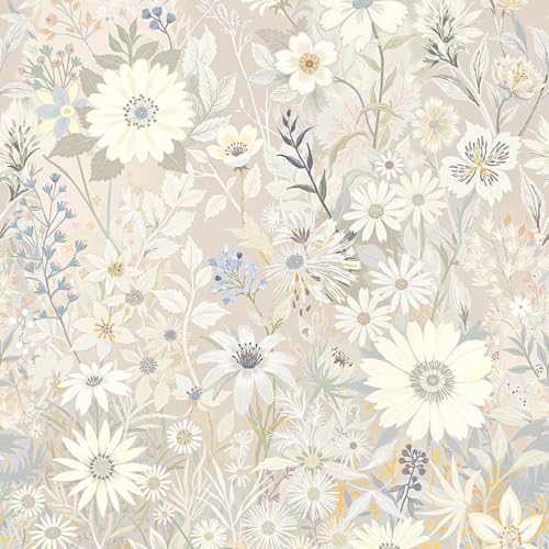 Vintique Wallpaper Peel and Stick Floral Wall Paper Removable Waterproof Gray/Yellow/Blue Contact Paper for Bedroom, Bathroom, Home Wall 17.3' x 118'