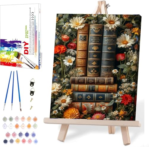 Image of Clendo Book Paint by Numbers Kit for Adults Beginner, Flower Framed Adult's Paint by Number Kits with Easel, DIY Oil Painting Kits for Gift Home Wall Decor 12x16 Inch