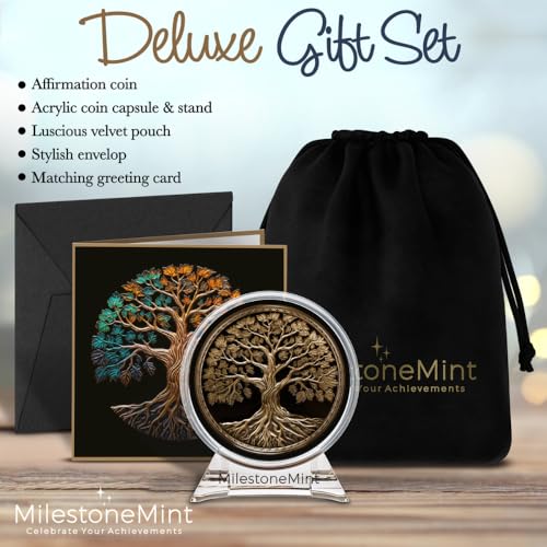 Image of MilestoneMint Affirmation Sobriety Coin Tree of Life Gift Set | Anniversary Sobriety Gifts for Men & Women | AA Coins and Medallions with Token Capsule, Stand & Card | 3D Texture, Recovery AA Chips