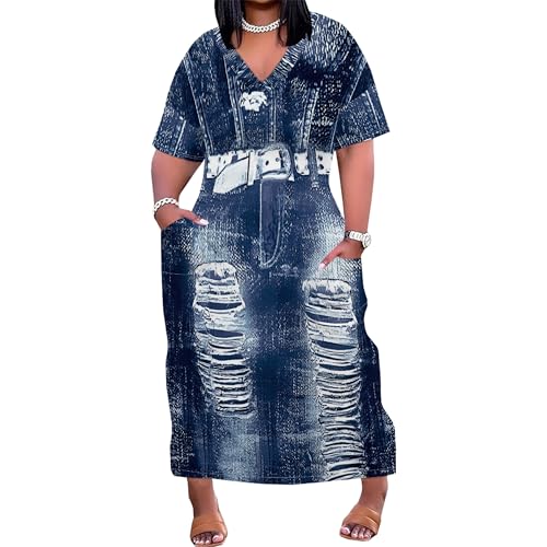 Image of SUZONANA Plus Size Denim Print Shirt Maxi Dresses for Curvy Women Casual Blue Jean Summer Outfits Long Short Sleeve Dress with Pockets Ladies 4XL