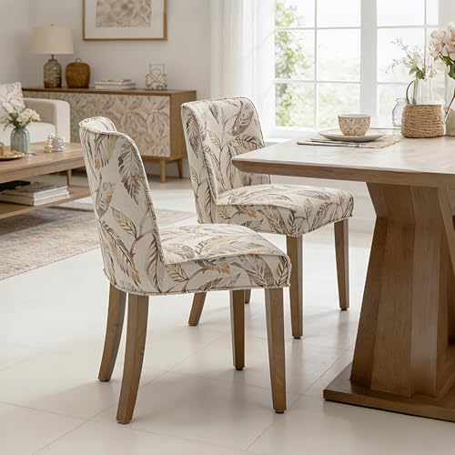 Image of Upholstered Parsons Chair Set of 2, Linen Fabric Floral Patterned Dining Chairs with Walnut Wood Leg Cushioned Back Modern Rustic Side Chairs for Living Room /Kitchen /Dining /Restaurant