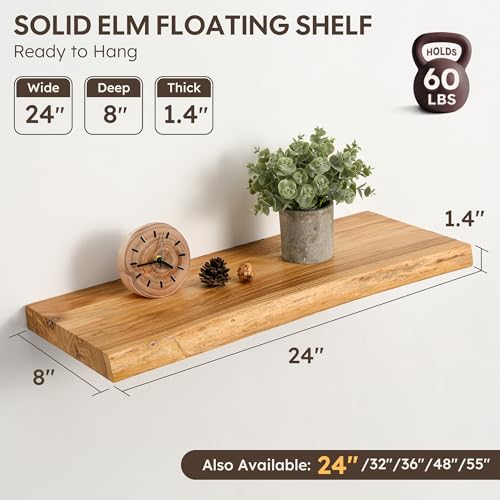 Image of 24 inch Floating Shelves Set of 2, Solid Elm Wood, Natural Live Edge
