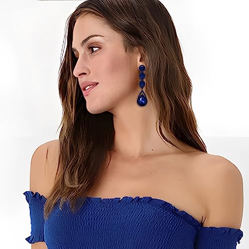 Flyonce Wedding Bridal Rhinestone Crystal Multi Teardrop Pierced Dangle Earrings Navy Blue Black-Tone - Image 3