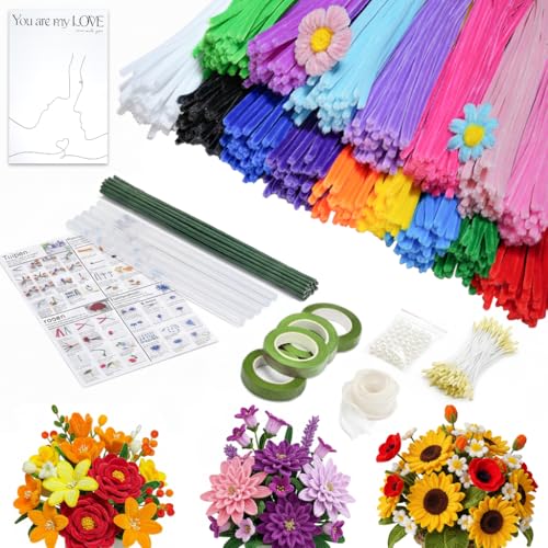 800 Stück Pfeifenreiniger Blumen Set DIY 16 Farben Pfeifenputzer zum basteln mit Anleitung Grüne Blumenstöcke Klebebandrollen Klebestifte Bänder und Blumenstraußverpackungen