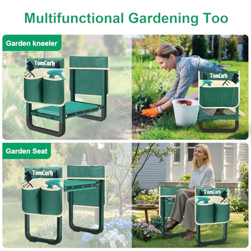 TomCare Garden Kneeler and Seat 11.14” Wider Larger Soft Kneeling Pad Garden Bench with 2 Large Tools Pouches Heavy Duty Foldable Garden Stool Gardening Gifts for Women Men Gardeners Seniors, Green