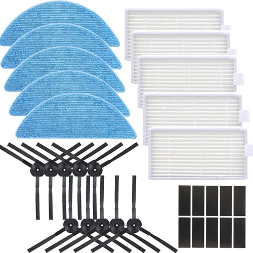 GFHGJH 30 Piezas de Repuesto para ILIFE Robot Aspirador V3 V3s V5 V5s V5s Pro, Incluye 5 filtros HEPA y 10 cepillos Laterales, 10 velcros y 5 Ropas de fregona para Polvo de Limpieza(5+10+10+5)