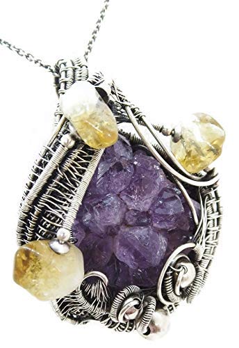 Amethyst Stalactite Tip Druzy Wire-Wrapped Pendant Necklace in Sterling Silver with Citrine