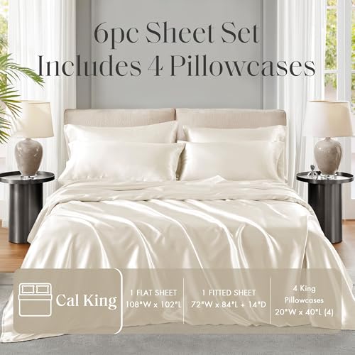 Image of Madison Park Essentials Satin Sheets Cal King Size Bed Set, 6 Piece, Ivory | Luxury and Smooth Silky Bedding with Natural Sheen, All Around Elastic 14 inch Pocket fits up to 16 inch Mattress, Year-Round Cozy