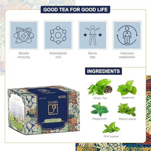Image of Dabri Moroccan Mint Green Tea 32 Pyramid Dip Tea Bags|Pack of 2 x 16 Bags Each|Premium Loose Leaves with Natural Taste|Rich Antioxidant|Supports Weight Management & Maintain Healthy Blood Pressure