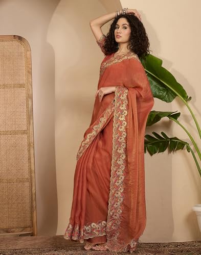 Image of SIRIL Women's Shimmer Georgette Scalloped Border Sequins Embroidery Saree with Unstitched Blouse Piece