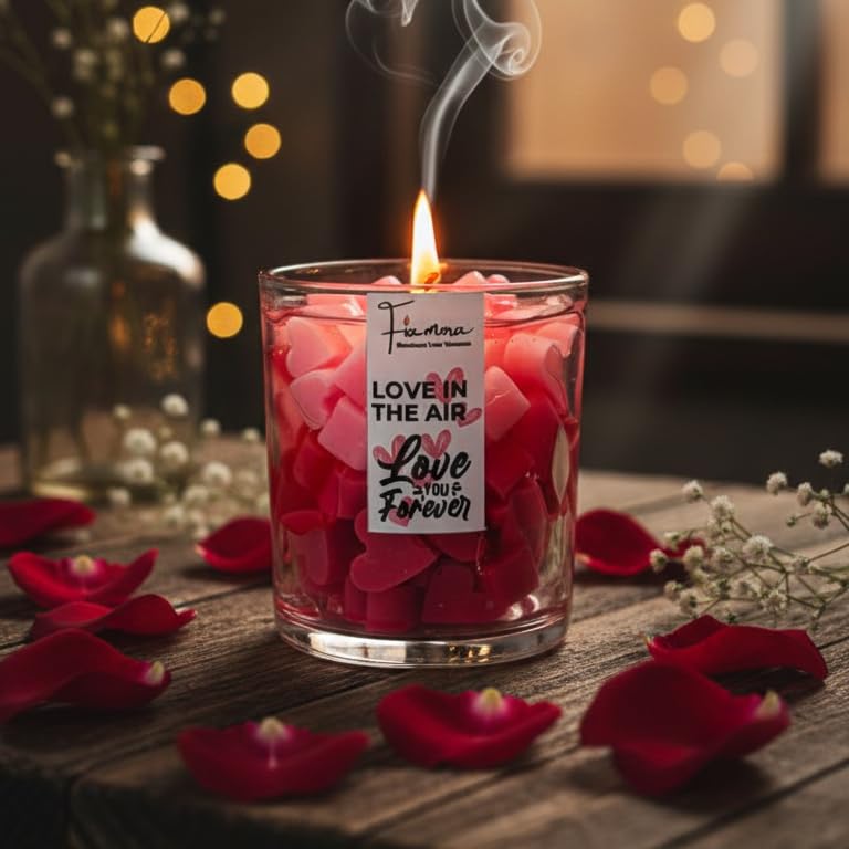 Image of Love is in the Air Romantic Scented Jar Candle | Filled with Pink & Red Mini Hearts | Calming Rose Fragrance for Aromatherapy | Hand-Poured Soy Wax | Gift for Love, Birthday, Valentine
