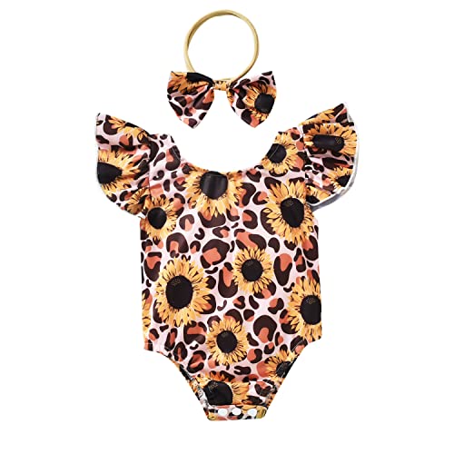 Image of MINIFEIKO Toddler Baby Girl Swimsuit Infant Girls One Piece Ruffle Bathing Suit with Headband