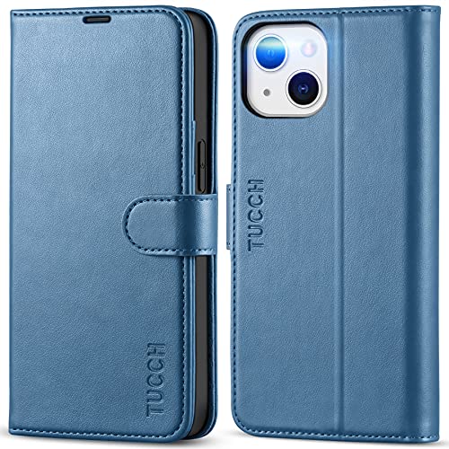 Image of TUCCH Wallet Case for iPhone 13 (6.1 inch) 2021, Flip Stand, Lake Blue | RFID Blocking, 3 Card Holders, Kickstand, PU Leather, Shockproof TPU Shell, Magnetic Closure, Protective Folio Cover
