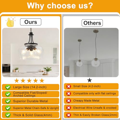 Image of Modern Pendant Lights Kitchen Island, 3-Light Black Pendant Light Fixtures with 14.2 inch Clear Air Bubble Glass Shade, Industrial Hanging Pendant Lights Fixture for Kitchen Island, Dining Room, Entryway