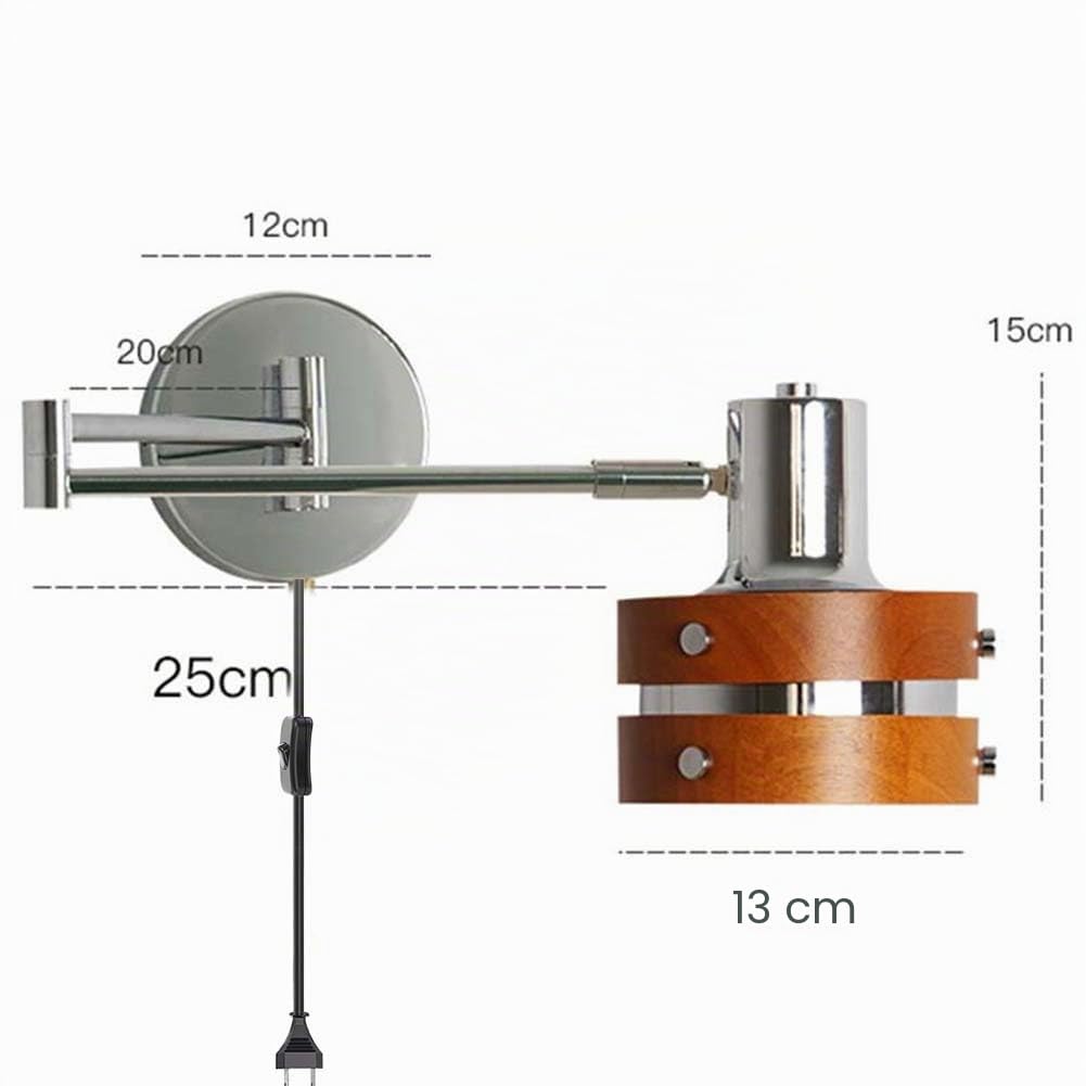 Holz Vintage Wandleuchte Schwenkarm Innen Wandlampe Verstellbar Lange Arm Wandleuchten mit Stecker und Kabel Schalter Wand Leseleuchte Faltbar Drehbarelampe für Wohnzimmer Schlafzimmer