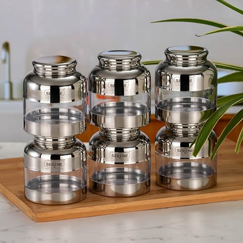 Image of Serene Stainless Steel Exotic See-Through Jar | Airtight Jars for Kitchen Storage | Premium Steel Jars with One Turn Lock Lid | Transparent Stainless Steel Containers | 400ML | 6 PC