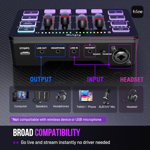 FIFINE Gaming Audio Mixer, Streaming RGB PC Mixer with XLR Microphone Interface, Individual Control, Volume Fader, Mute Button, 48V Phantom Power, for Podcast/Recording/Vocal/Game Voice-AmpliGame SC3 - Image 5
