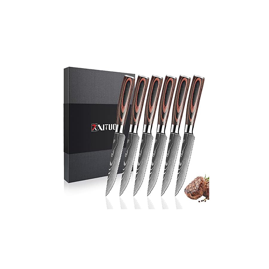 Steak-Knives-Set-of-6-Piece-Damascus-Patterned-Stainless-Steel-Serrated-Knife-Wooden-Handle-Beef-Cleaver-Multipurpose-Restaurant-Cutlery-Table-Knife-6PC-Steak-Knife-Set XITUO steak knife set