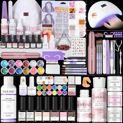 Image of SAVILAND Essentials All-In-1 Acrylic Nail Kit with Drill: Nourishing Nail Kit for Beginners with Everything Clear White Pink Acrylic Powder Liquid Set 88W Nail Lamp Gel Nail Polish For Home DIY
