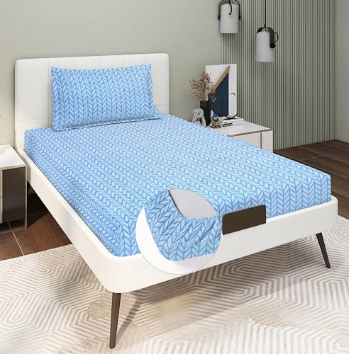 Image of RD TREND Presents Luxurious Glace Cotton Super Soft 210 TC 360 Elastic Fitted Bedsheets Single Bed Size (72 x 48 x 8 Inch) with 1 Pillow Cover Size (28 x18), Color- Blue, Solid