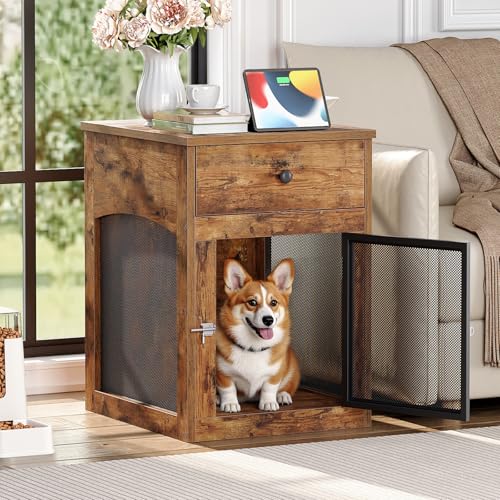HOOBRO Dog Crate Furniture, Dog Kennel with Drawer and Charging Station, Indoor Decorative Puppy House, Wooden Pet Crate End Table for Small Dogs, Rustic Brown and Black BF58UGW03G1 - Image 5