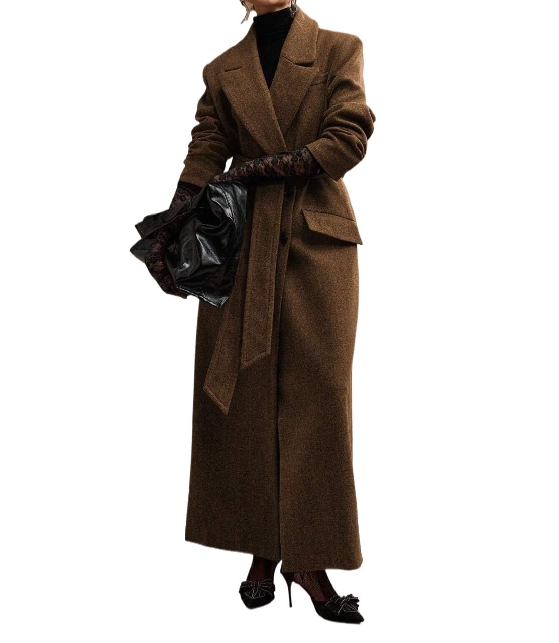 Women Fall Fashion Solid Color Lapel Pocket Belted Maxi Trench Coat Long Sleeve Trench Coats
