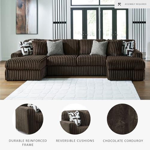 Image of Signature Design by Ashley Midnight-Madness Sectional, U-Shape 3-Piece Double Chaise, Plush Jumbo Corduroy Upholstery, Oversized Lounging for Family Movie Nights, 150 inch W, Chocolate Brown