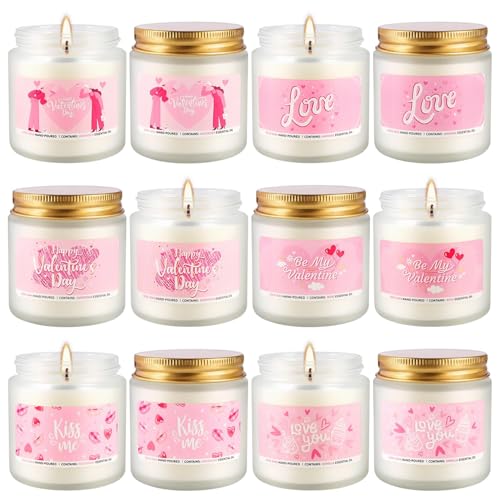 Image of Valentine's Day Pink Scented Candles-12Pcs 3.5oz Each-Natural Plant Essential Oils & Cotton Wick, Aromatherapy Candle for Relaxing Stress Relief, Home Decor & Romantic Gifts for Her.