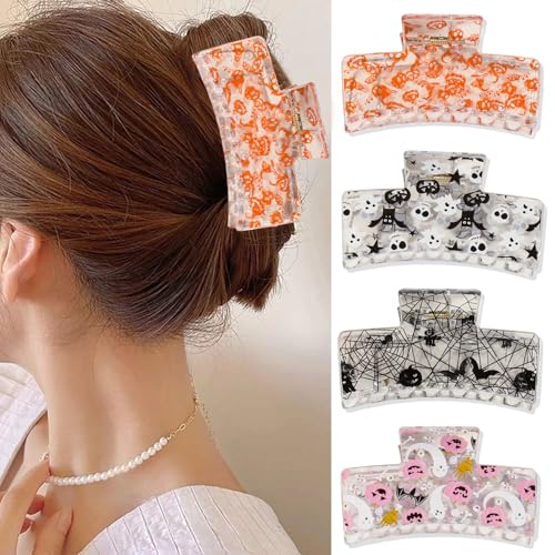 4Pcs Halloween Hair Claw Clips for Women Girls Large Square Hair Clips with Spooky Pumpkin Ghost Bat Designs Strong Hold Non Slip Halloween Hair Accessories for Women Holiday Gift