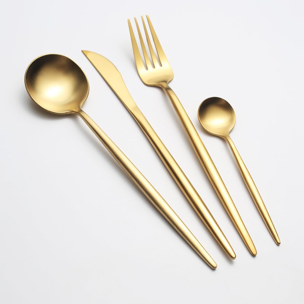 OLSKFUH Cutlery Flatware Cutlery Set, 4/16/24/32 Pieces Thickened Round Handle Knives, Spoons And Forks, Portuguese 304 Stainless Steel Tableware, Home Hotel Steak Knives And For,Gold-4Set-16Pcs