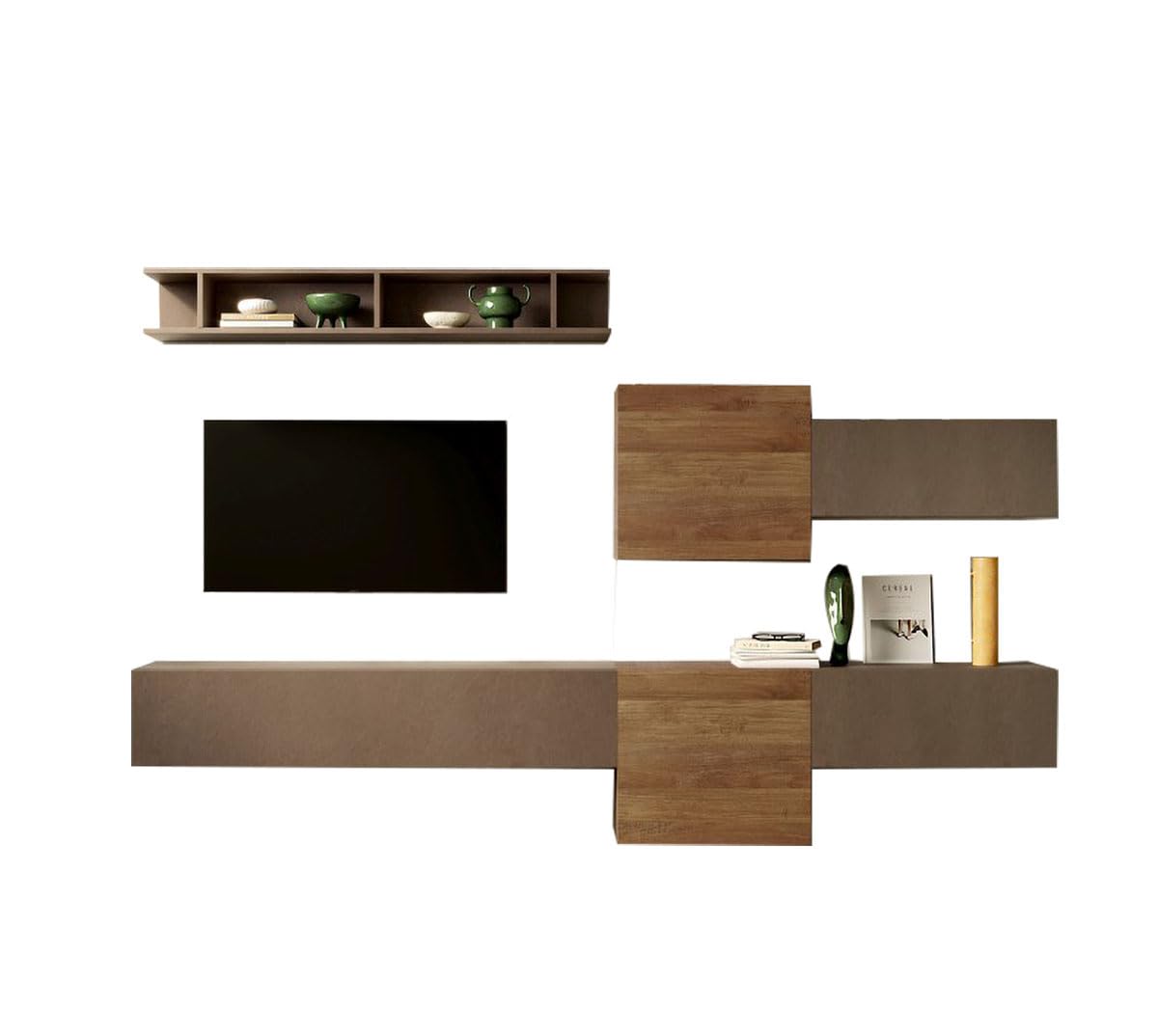ARREDO DA CASA Parete Attrezzata Moderna 262x185 cm Dotata di Pensili a Cubo Mobile Porta TV con Anta Vasistas e Mensola Arredamento Soggiorno Bronzo e Noce PAL30