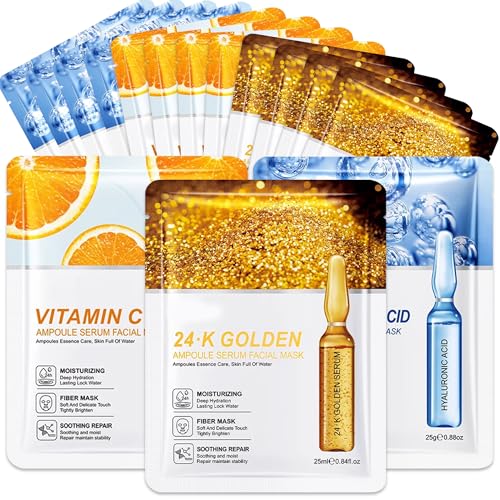 15 Stück Gesichtsmaske Geschenkset Frauen,Hydrat Gesichtsmasken Set,Face Mask mit Hyaluronsäure, Vitamin C, 24 Karat Gold,Geschenk für Mutter und Freundin,Erfüllen Sie verschiedene Hautbedürfnisse