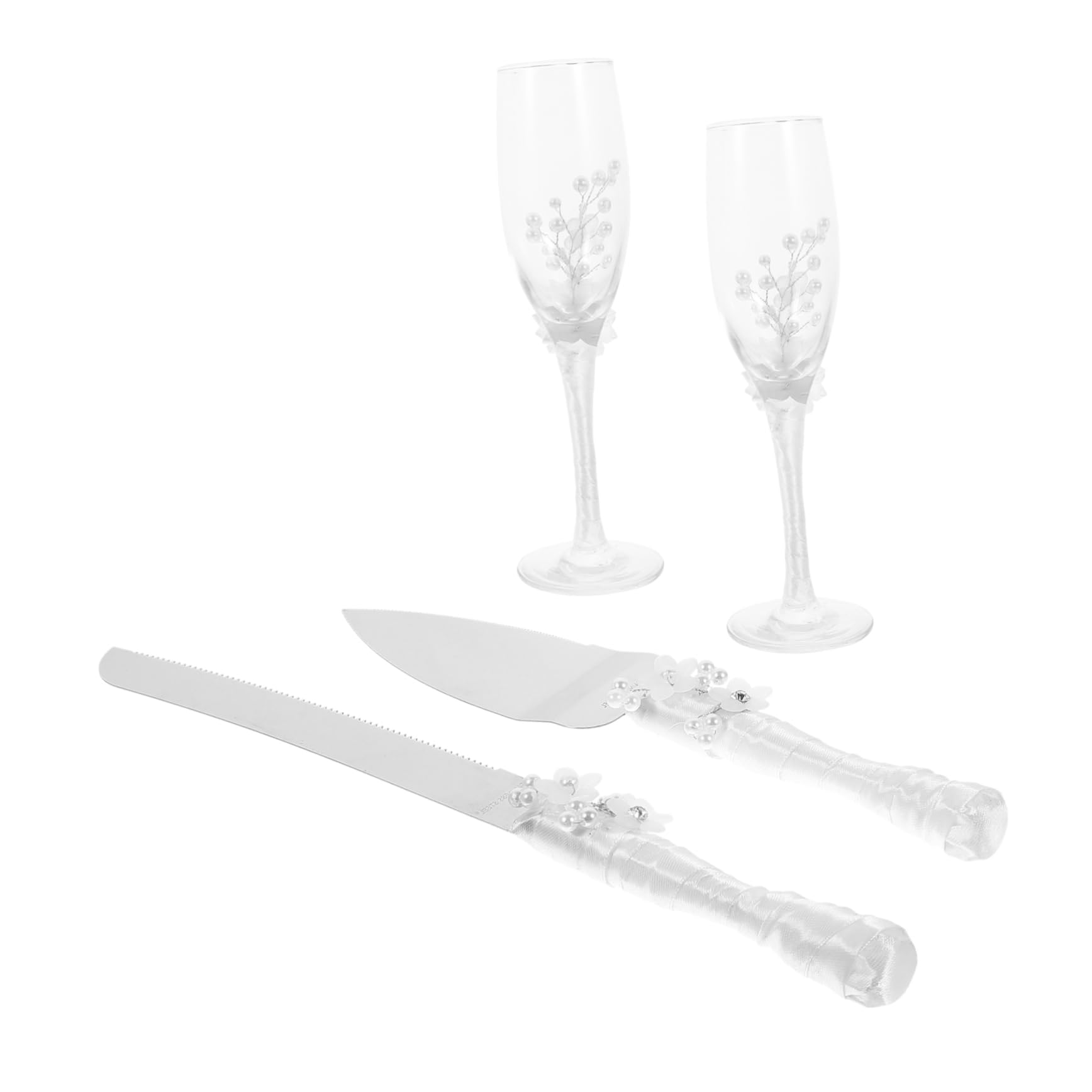 NAMOARLY 1 Set Rhinestone Pearl Tableware Glasses Cake Knife Wedding Toasting Flutes Rhinestone Decor Wedding Wine Glasses Pastry Servers Toasting Cups Mousse Cake Spatula Plastic White