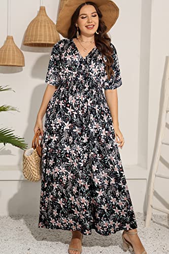 Image of OSTOO Women's Plus Size Hawaii Empire Waist Bat Short Sleeve Casual Floral Print Boho Maxi Dress