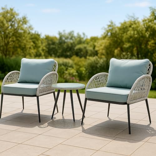 Image of LOCCUS Outdoor Patio 3-Piece Wicker Chair Table Set with Double Waving HDPE Rattan All Weather Resistant Furniture with Glass Top Table & Comfy Seat (Sliver Grey & Sky-Blue)