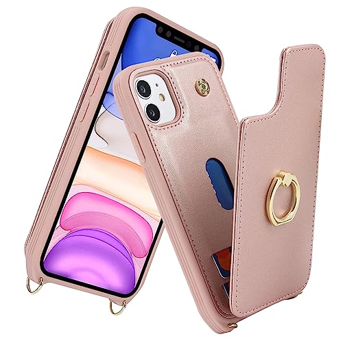 Image of for iPhone 11 Phone Case with Card Holder and Strap for Women,Crossbody Lanyard,RFID Blocking,Kickstand Ring Stand,Snap Clasp,Phone Wallet Cases 6.1 inch(Rose Gold)