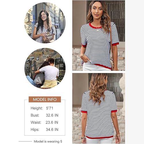 Womens Short Sleeve Striped Sweater Crew Neck Knitted Color Block High Low Pullover Sweater Tops4