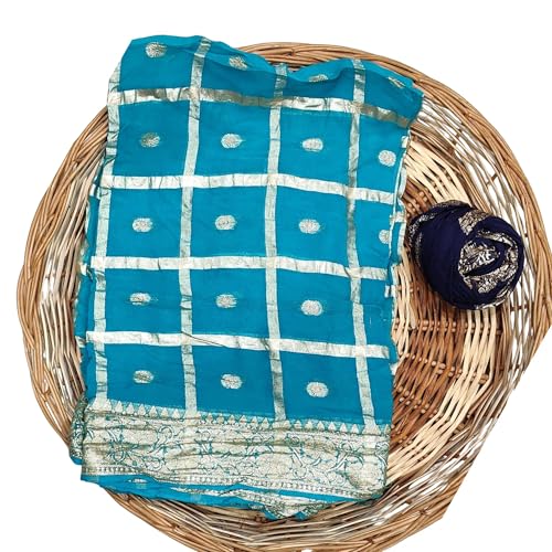 Image of Women's Pure Viscose Georgette Checks Zari Fabric Jaipuri Saree with Matching Blouse