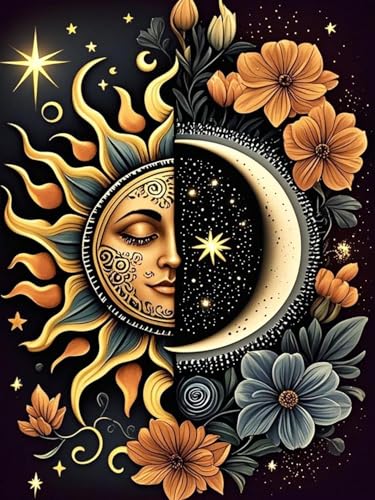 Image of MYBISYMQQ Stamping Cross Stitch Kit Sun and Moon, Round Counting Cross Stitch Kit for Adult Beginners, Full Line DIY Cross Stitch Stitching Kit for Home Decor Cross Stitch Patterns 11.8x15.7inches