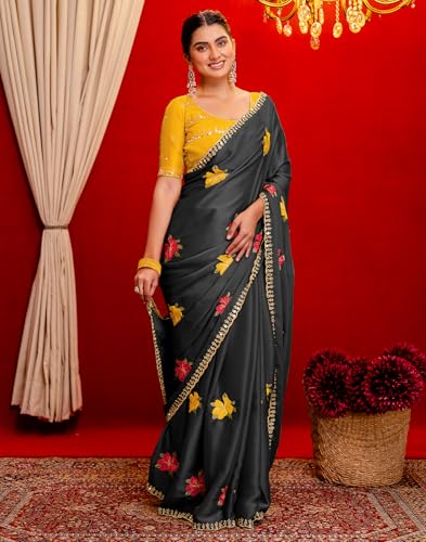 Image of SIRIL Women's Embroidery, Mirror Work, Scalloped Border Shimmer Georgette Saree With Unstitched Blouse Piece