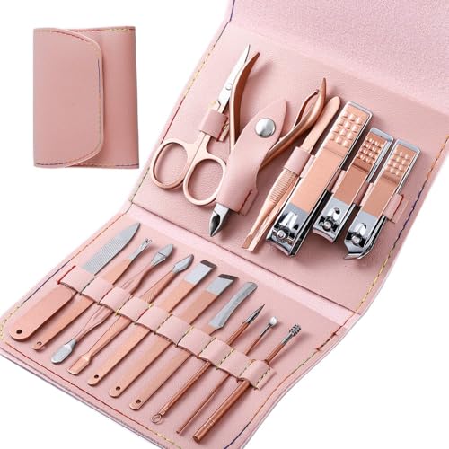 Juego de 16 piezas de herramientas para el cuidado de las uñas, juego de cortaúñas de color, juego de cortaúñas exfoliante, multifunción, verde (rosa)