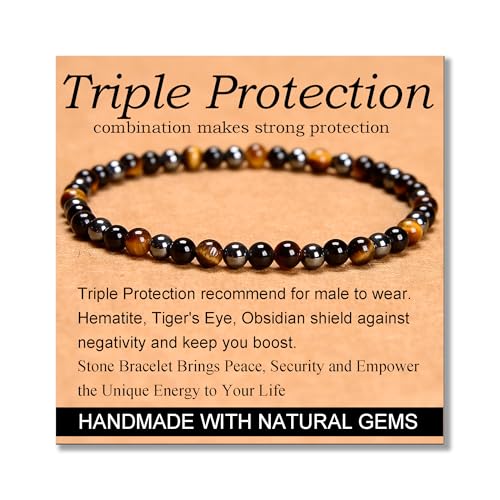 MASSIVE BEADS Triple Protection - Stone of Strong Protect - Handmade Yoga Stretch Elastic Bracelet Natural Stone Crystal Healing Power Energy Gifts for Unisex Adult 4mm
