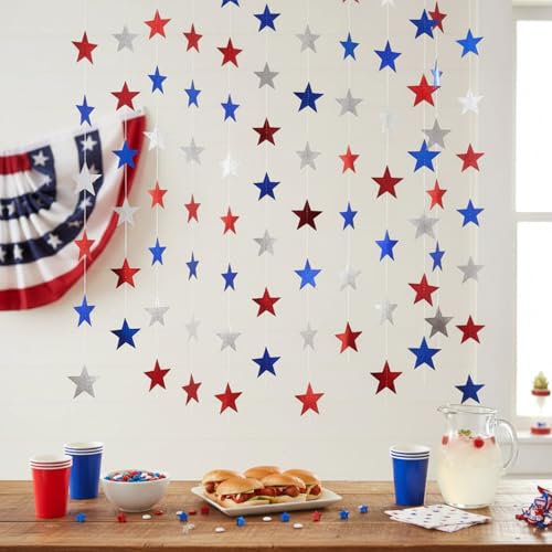 Image of Patelai 10 Pack Total 130ft Glitter Star Garland, Red Silver Blue Patriotic Streamers Bunting Banner for 4th of July Independence Day Decorations Memorial Veterans Day 250th Anniversary Party Supplies