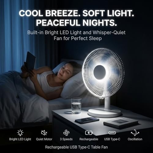 Image of 𝓓rumstone Rechargeable USB Type-C Table Fan with 5 Blade High Speed Motor, 3 Speed Settings, Built-in Lithium Battery, Oscillation Function & Bright LED Light, Portable Cooling Fan for Home, Office