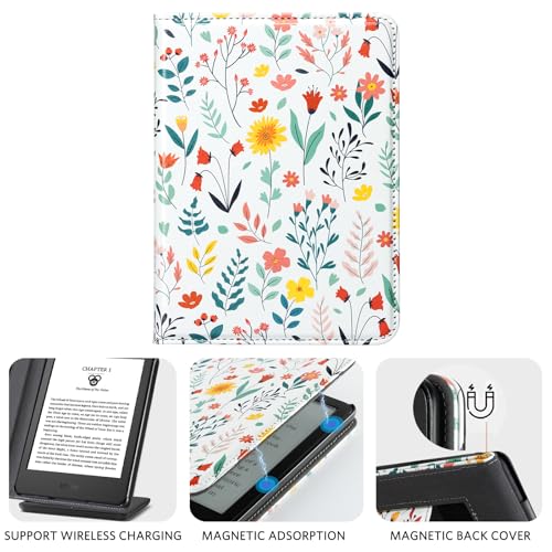 Image of CoBak Case with Stand for 6 inch Kindle (2024 & 2022, 11th Gen) - PU Leather Smart Cover with Auto Sleep /Wake & Hand Strap, Premium Protective Case for Kindle Basic, Floral