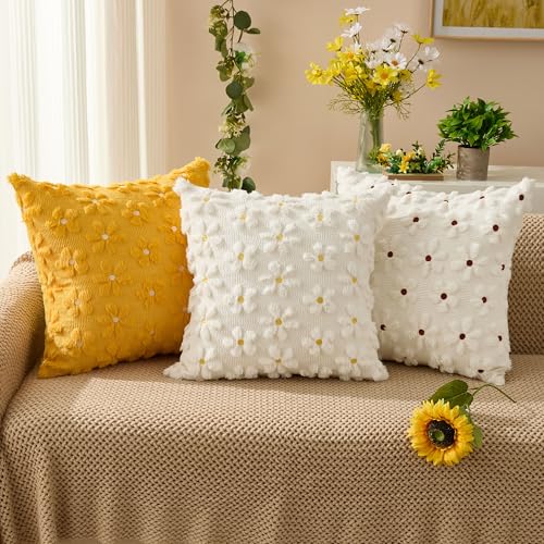 Image of DFXSZ Spring Summer Pillow Covers 16x16 inch Set of 2 White Rust Daisy | Farmhouse Decor Soft Plush Faux Fur Jacquard Throw Pillow Covers|For Spring Holiday Sofa Home Decor