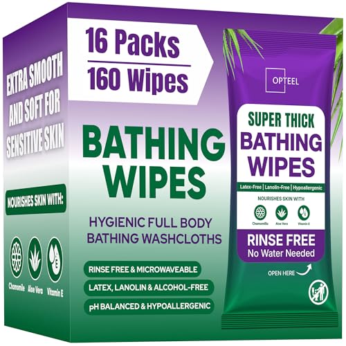 OPTEEL Super Thick Bathing Wipes for Adults Bathing No Rinse – Full Body Shower Wipe, Ideal for Men, Women & Elderly – Extra Large & Soft Travel Wipes Perfect Alternative to Shower – 16 Packs (160ct)