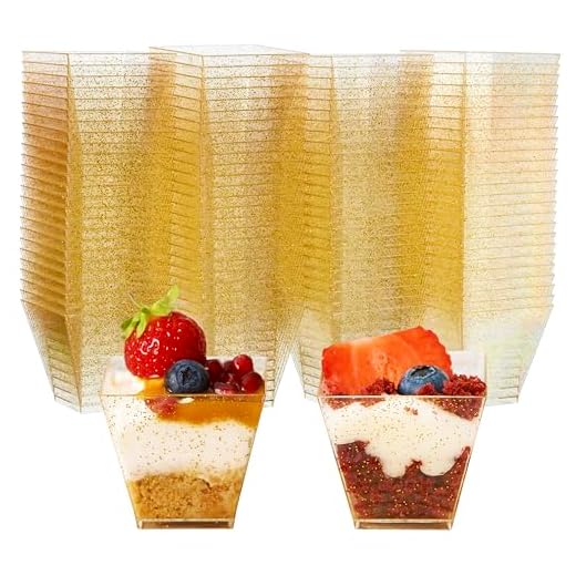 100 Copas de Postre de Plástico Desechables, Tazas Cuadradas con 100 Cucharas, Brillo Dorado 60ml| Resistente y Reutilizable| Vasos Cuencos para Postres Mousse Aperitivos Fiesta Cumpleaños Bodas.
