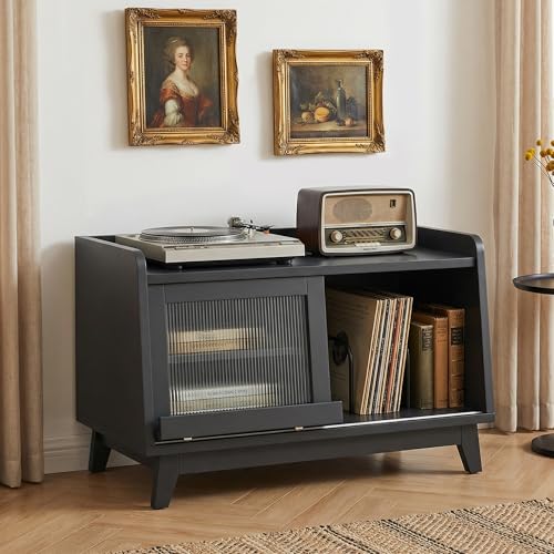 FEONASE Record Player Stand With Power Outlet And Sliding Glass Door Wooden Record Player Table Can Hold 200+ Albums Open Storage Space Turntable Stand for Music Living Room (Black)
