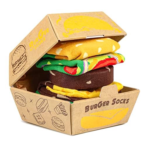 Funny Burger Socks Box - Funny Hamburger Gifts for Women Mum Ladies Teenage Girls-Fun Novelty Funky Cute Food Silly Cotton Crazy Socks Mothers Day Easter Christmas Gifts for Her Stocking Fillers